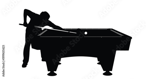 Billiard player silhouette aiming with cue stick on white background