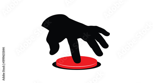 Hand pressing red button silhouette on white background