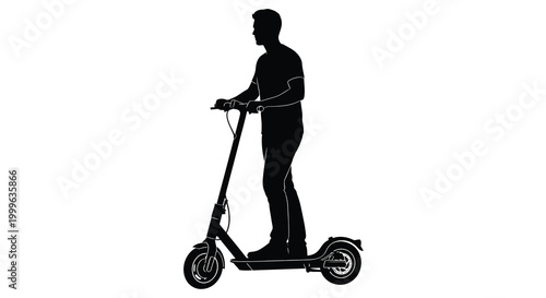Man riding electric scooter silhouette on white background