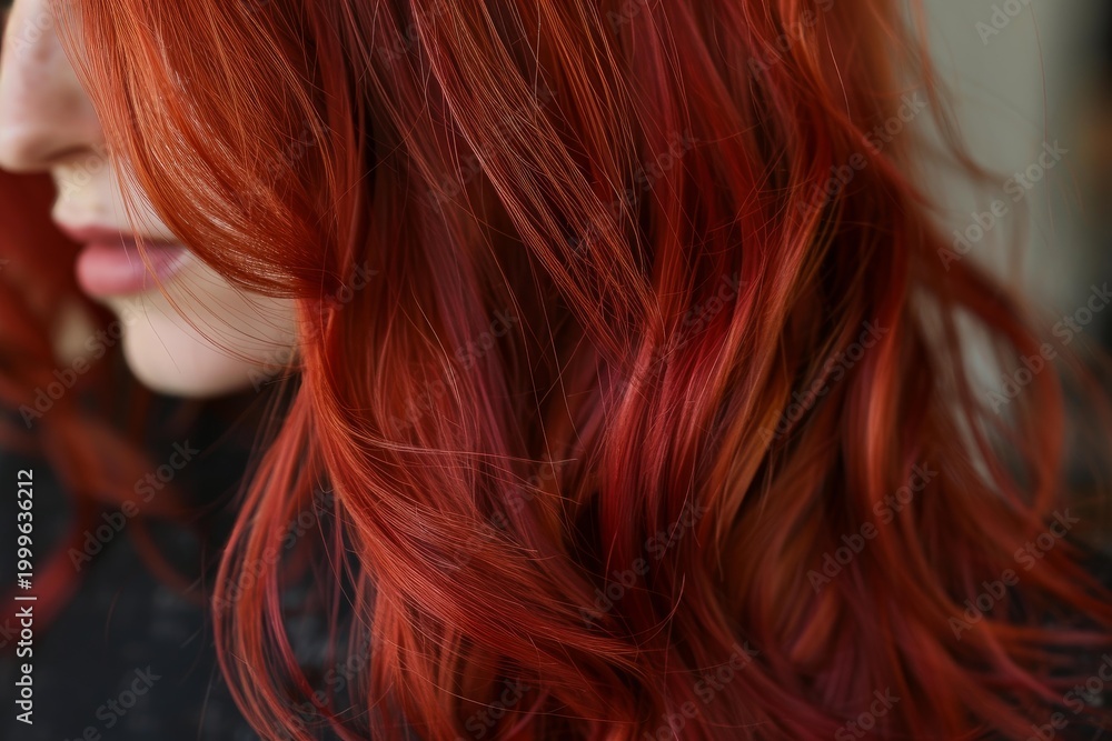 Naklejka premium Close up of long, wavy, shiny, and healthy red hair, showcasing hair care and beauty
