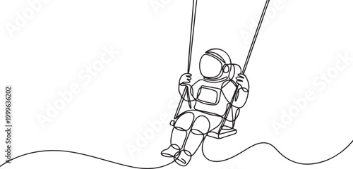 Astronaut on swing. Cosmonaut linear silhouette. One continuous line. one line Icon drawing