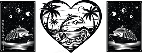 Tropical heart shaped illustration with palm trees dolphin and cruise ship