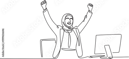 Single one line drawing happy Arab businesswoman jump with raised hands on her workplace. one line Icon drawing