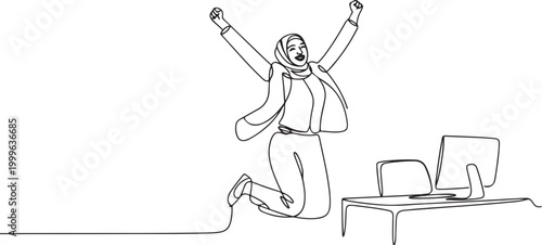 Single one line drawing happy Arab businesswoman jump with raised hands on her workplace. one line Icon drawing
