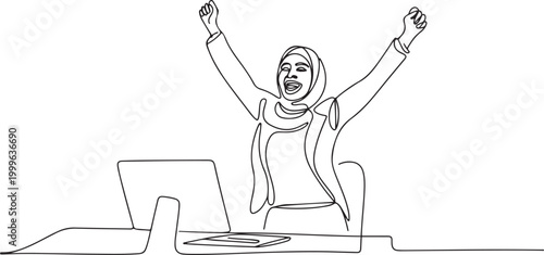 Single one line drawing happy Arab businesswoman jump with raised hands on her workplace. one line Icon drawing