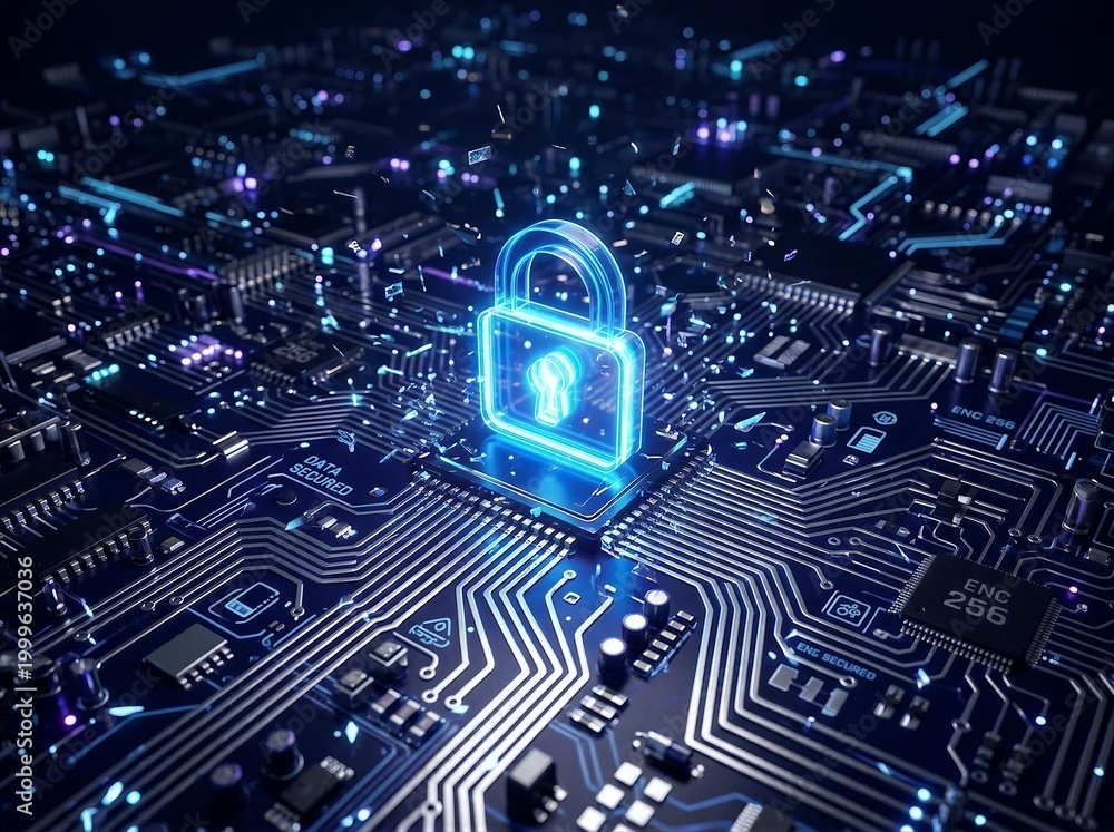Fototapeta premium Digital Security Lock Glowing on Futuristic Circuit Board with Blue Neon Lighting