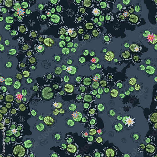 Foto Seamless pattern of blooming water lilies and green lily pads on dark pond water with ripples