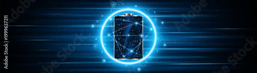 High-tech digital battery icon with energy lightning bolt on futuristic blue background. Innovative fast charging and renewable energy storage technology concept.
