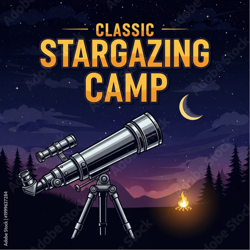 Classic Stargazing Camp: Telescope Observing Night Sky, Moon, Stars, Campfire
