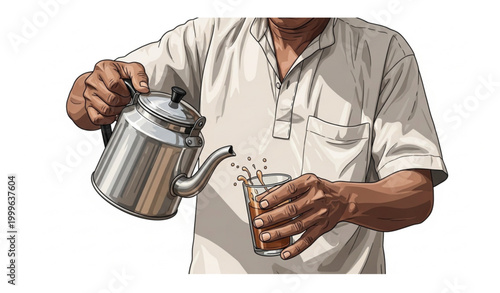 Detailed street tea seller pouring frothy milk tea into glass cup vector graphic