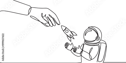 astronaut happy to get rocket from the giant hand. A worthy gift. Getting the chance to expedition into space once again. one line icon drawing vector