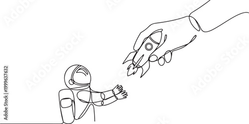 astronaut happy to get rocket from the giant hand. A worthy gift. Getting the chance to expedition into space once again. one line icon drawing vector