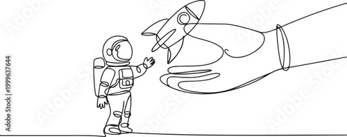 astronaut happy to get rocket from the giant hand. A worthy gift. Getting the chance to expedition into space once again. one line icon drawing vector