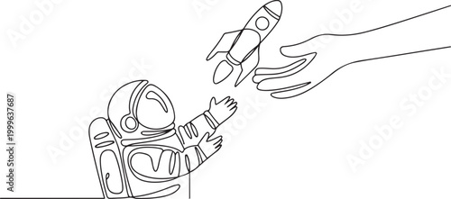 astronaut happy to get rocket from the giant hand. A worthy gift. Getting the chance to expedition into space once again. one line icon drawing vector