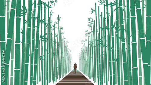 Minimalist bamboo walkway with tourist walking through forest vector art