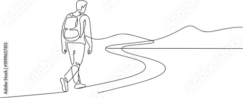 Male person go far away walk alone outdoor life, continuous line art. one line Icon drawing