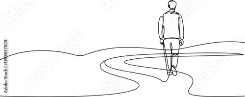 Male person go far away walk alone outdoor life, continuous line art. one line Icon drawing