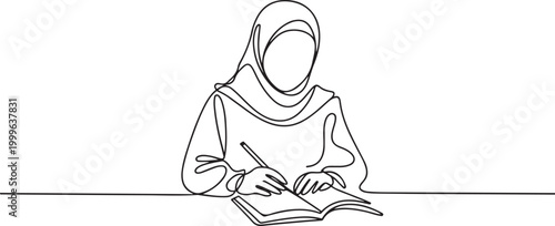 flat doodle muslim, people, girl, woman, school, islam, study. Isolated image hand draw contour on a white background. one line icon drawing vector