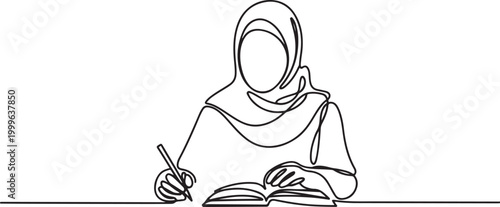 flat doodle muslim, people, girl, woman, school, islam, study. Isolated image hand draw contour on a white background. one line icon drawing vector
