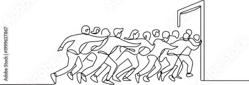 Crowds rushing in at opening. one line icon drawing vector
