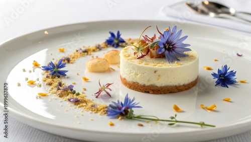 Minimalist gourmet dessert with cream, plated on a clean white surface with flower petals