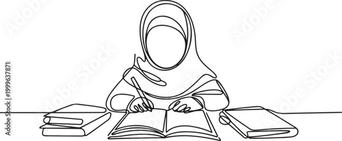 flat doodle muslim, people, girl, woman, school, islam, study. Isolated image hand draw contour on a white background. one line icon drawing vector