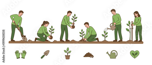 People planting trees process, volunteers gardening and watering saplings in line art style for earth day reforestation, sustainable living and ecology protection concept with garden tools and icons s