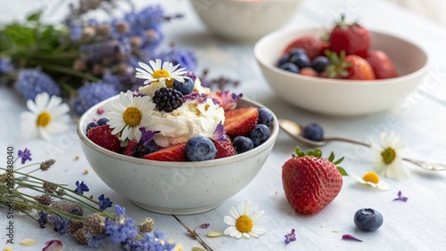Fresh berries with whipped cream topped with dried flower petals in a white bowl