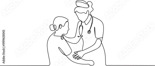  Nurses check patient's complaints. Visiting nurse concept. one line icon drawing vector