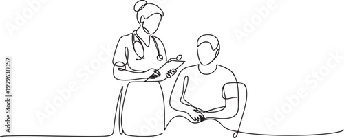 Nurses check patient's complaints. Visiting nurse concept. one line icon drawing vector
