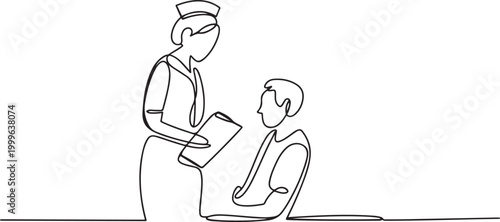  Nurses check patient's complaints. Visiting nurse concept. one line icon drawing vector