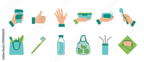 Zero Waste Lifestyle Icons Set, Eco Friendly Living Habits, Sustainable Consumer Choices, Reusable Products, Plastic Free Alternatives, Green Environmentally Conscious Daily Activities Illustration Co