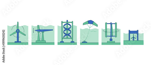 Tidal Energy Turbines Set Renewable Power Icons Illustrating Different Ocean Current Generator Technologies For Sustainable Blue Economy Projects And Clean Electricity Infrastructure Concept Infograph
