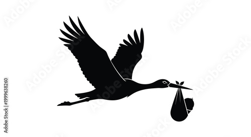 Stork carrying a baby in its beak black silhouette against a white background silhouette high quality professional detailed modern elegant stylish