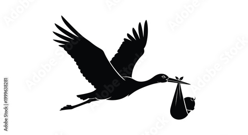 Stork carrying baby in bag black silhouette against white background high quality professional detailed modern elegant stylish clean crisp vibrant colorful
