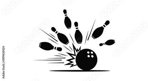 Bowling ball striking pins in motion dynamic impact black silhouette high quality professional detailed modern elegant stylish clean crisp vibrant colorful