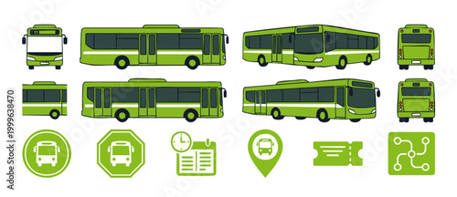Green City Bus Vector Set, Public Transport Icons and Exterior Views. Modern urban passenger coach collection with different side, front, rear angles, transit map pin, ticket and schedule symbols.