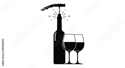 wine bottle opener with glasses and sparkling stars black silhouette high quality professional detailed modern elegant stylish clean crisp vibrant colorful