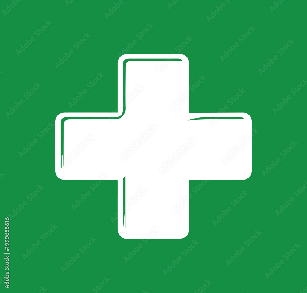 Fototapeta premium First Aid Symbol: A prominent white cross, the universal symbol of aid and healthcare, stands out against a vibrant green backdrop, representing emergency assistance and medical support.