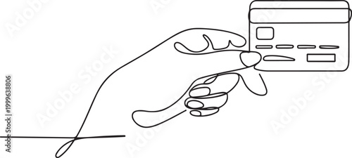 One line art drawing of hand holding credit card. Continuous single outline business object concept. one line Icon drawing