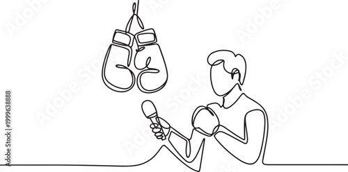 A sports journalist is interviewing. Boxing gloves on the background. World Sports Journalists Day. one line Icon drawing