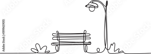 Continuous one line drawing of park bench and lamp. Natural ecology park logo hand drawn minimalist concept. one line Icon drawing