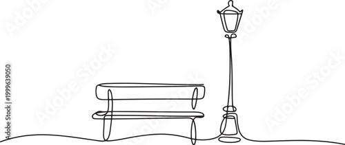 Continuous one line drawing of park bench and lamp. Natural ecology park logo hand drawn minimalist concept. one line Icon drawing