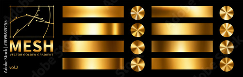 Premium gold mesh gradient templates and radial metallic swatches. Vector collection of golden foil textures, champagne brass and polished metal palettes for luxury branding and jewelry design.