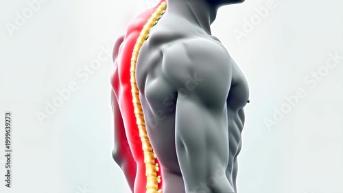 Highlighted spine in cross-section view. Spinal column model with discs highlighted. High-definition CGI rendering on light background. Orthopedics, spinal health. Concept of pain relief and