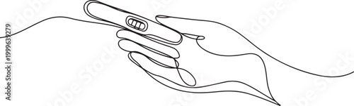 Set of pregnancy test in the hand, palm one line art. Continuous line drawing of pregnancy, testing, analysis, ovulation, happy news. one line Icon drawing