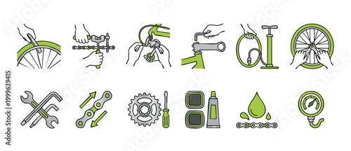 Bicycle Repair Maintenance Icons Set, DIY Bike Service Tools and Mechanic Instruction Graphics for Cycling Workshop Manuals and Professional Bicycle Tuning Guide Infographics, Flat Vector Illustration