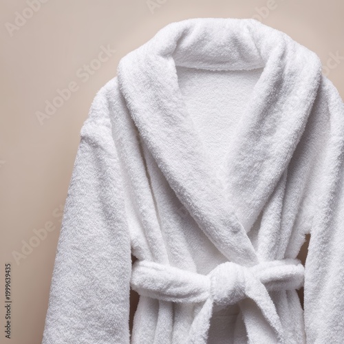 Blank robe belt tied at waist, cozy homewear detail shot, soft indoor lighting