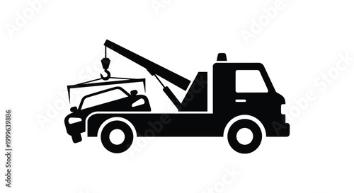 Tow truck with damaged car black and white graphic silhouette high quality professional detailed modern elegant stylish clean crisp vibrant colorful