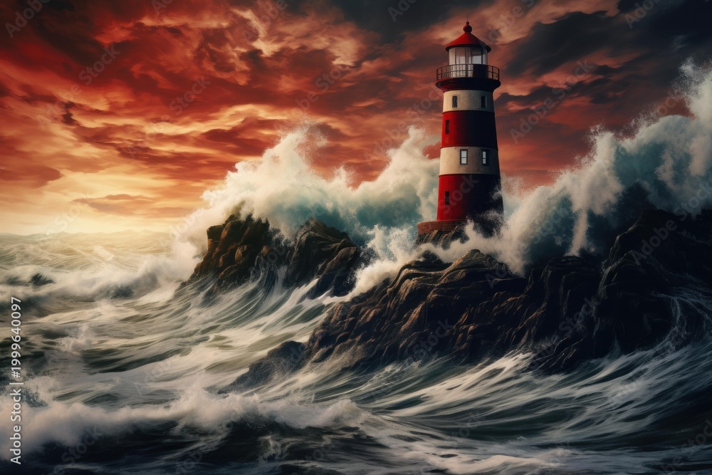 Obraz premium Lighthouse illuminating against dramatic red sky amidst powerful crashing ocean waves
